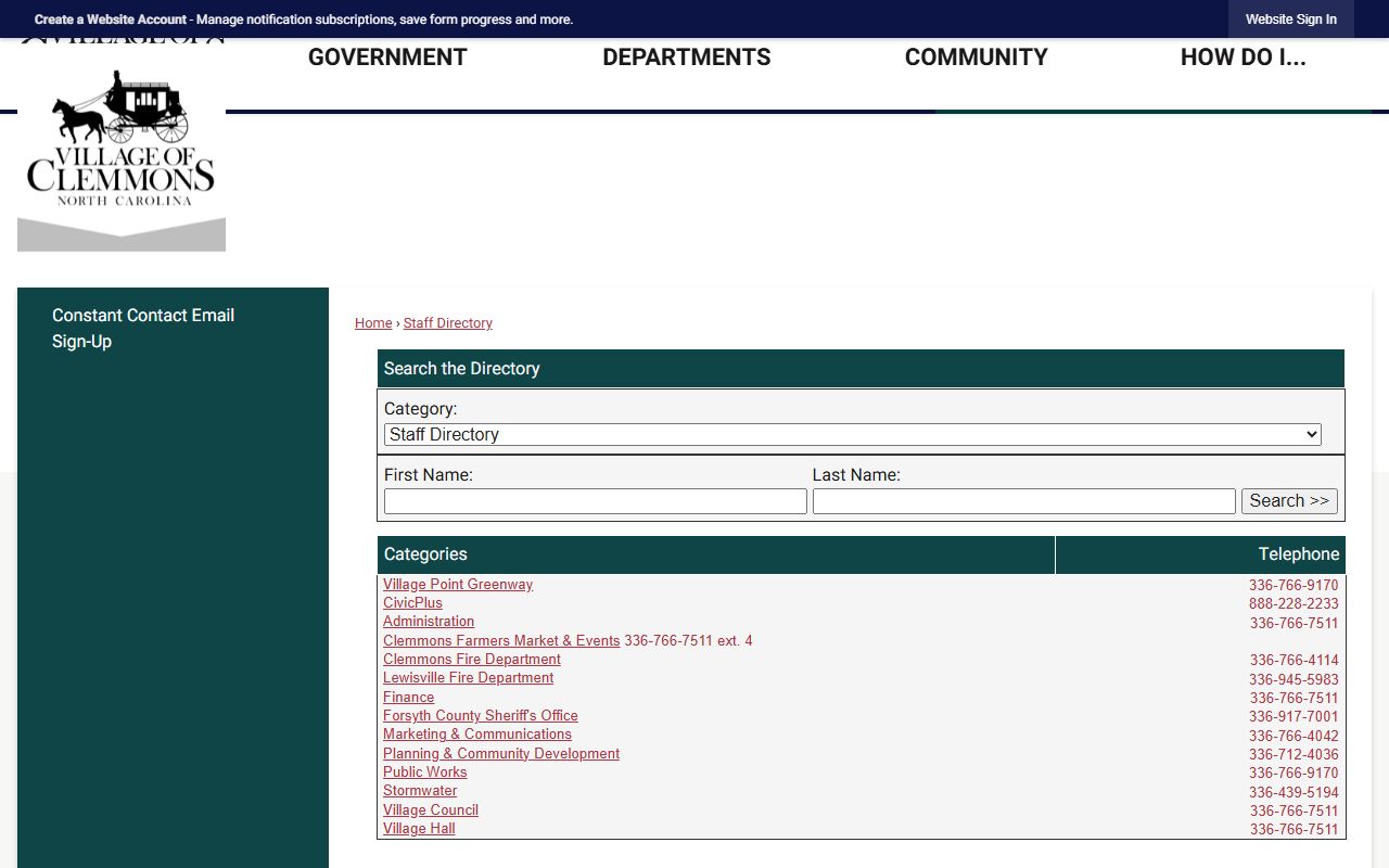 Clemmons phone directory staff search fields