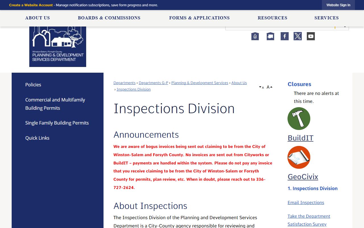 Clemmons phone numbers Winston-Salem Forsyth County Inspections permit phone