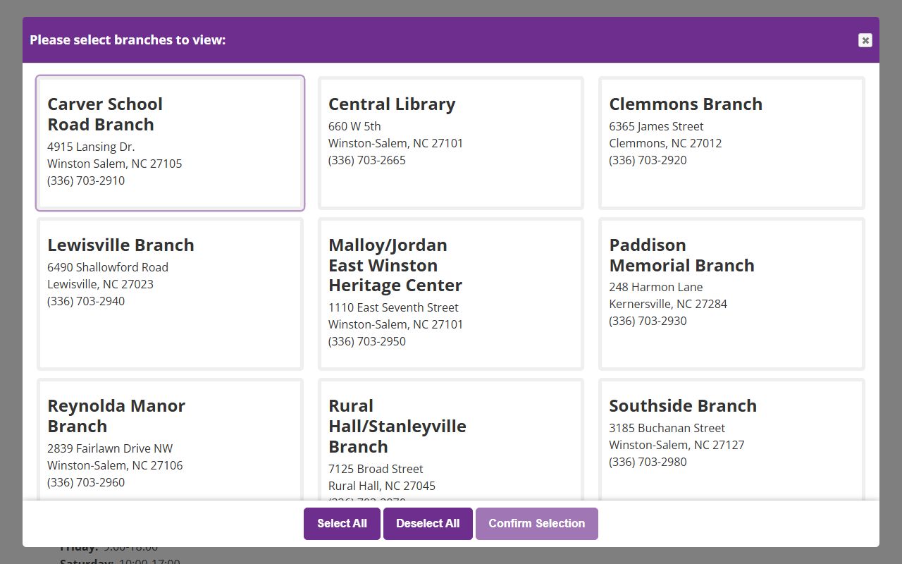 Clemmons phone numbers Branch library phone address and hours